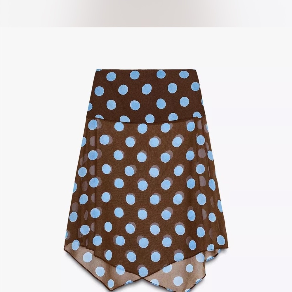 Viral Sold out Zara Brown Midi Skirt with Blue Polka Dots